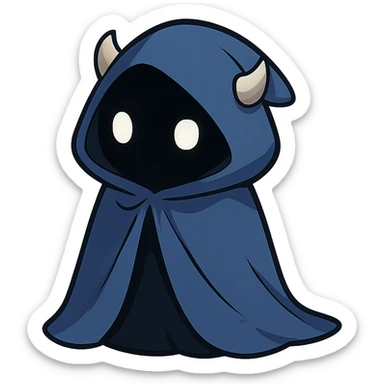 character with a blue cloak, black body, white eyes, small horns under the hood, looking cute and mysterious sticker