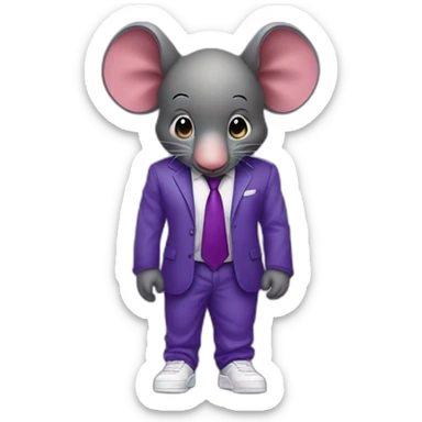 raton tipo real gigante de cuerpo entero con traje de etiqueta y tenis jordan air force y orejas de elefante morado sticker