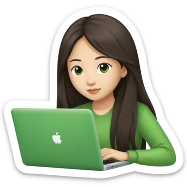 Long hair asian woman working on green laptop sticker