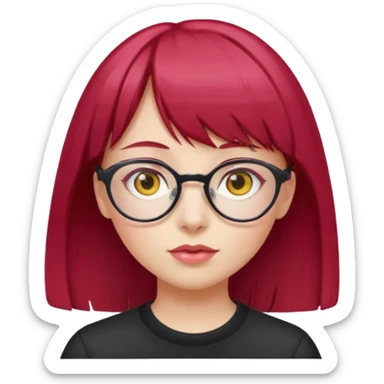 Menina com cabelos vermelho Cherry, liso com franja,olho direito rosa e olho esquerdo amarelo,pele clara e com oculos  sticker