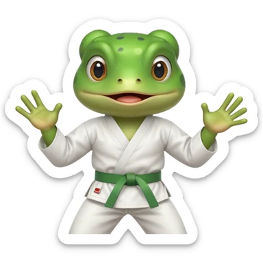 cute frog doing karate portrait, head and shoulders only, wearing white gi uniform, green belt visible, funny serious face, 3D cartoon, mobile game icon style, clean background, no text, no watermark
 sticker