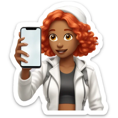 21-Year girl taking selfie in front of mirror. She has bright red hair. The length of her hair is up to shoulders, she wears white body suite and white jacket. She has phone in her hand. Phone has brown case and it's located on her face level sticker