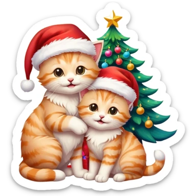 two hugging cream happy fluffy cute smiling kittens with Santa hats by a colorful multicolored brightly lit up Christmas tree sticker