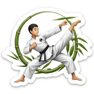 An icon symbolizing Eastern martial arts in the style of an emblem, featuring a black-and-white Yin-Yang symbol at the center. A martial artist is performing a fluid kick, surrounded by elements like a dojo and bamboo. Transparent background highlights balance and harmony. sticker