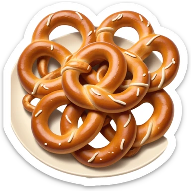 Cinematic Realistic Pretzels Dish Emoji, featuring freshly baked, twisted pretzels with a glossy, salted crust rendered with detailed textures and warm, appetizing lighting. sticker