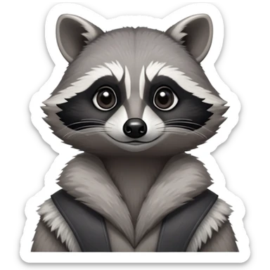 Cinematic-Noble-Raccoon-Portrait-Emoji – Poised and confident, with a sturdy build and a beautifully textured fur of silver-grey accented by dark black facial markings, deep-set, large big black eyes revealing no white, simplified yet sharp and sophisticated zoom out to show shoulders sticker