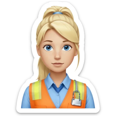 Just a head, blonde hair with lowlights in a ponytail, blue eyes, some freckles, a little older female ready to get some tasks done at work sticker
