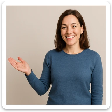 woman gesturing 'welcome' with one hand extended, inviting smile, simple background sticker