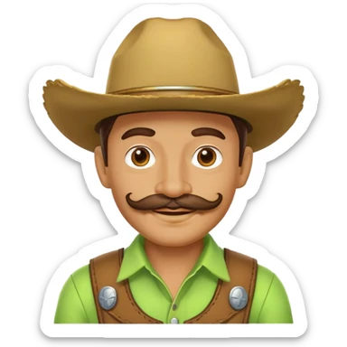 Smiling cowboy character with a lime green hat and mustache sticker