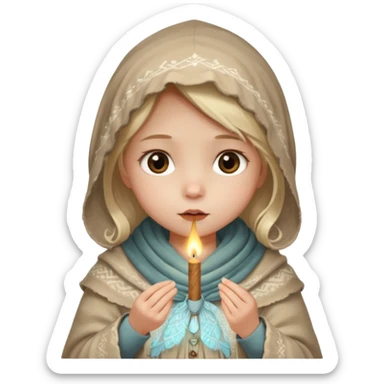 A small girl in a worn winter dress and shawl, holding a glowing matchstick close to her face, eyes wide with soft hope.
 sticker