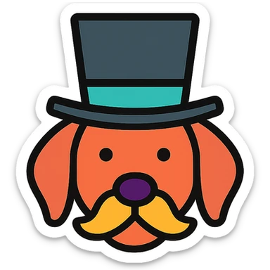 a stylish dog in a top hat, modern icon style, lineal color icon with black outlines sticker