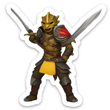Dragonborn fighter with twin swords  with red blades and yellow Handels sticker