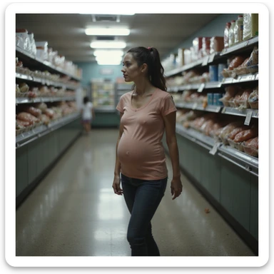 realistic pregnant woman in 4K walking away from salmon counter after reading information about parasites sticker