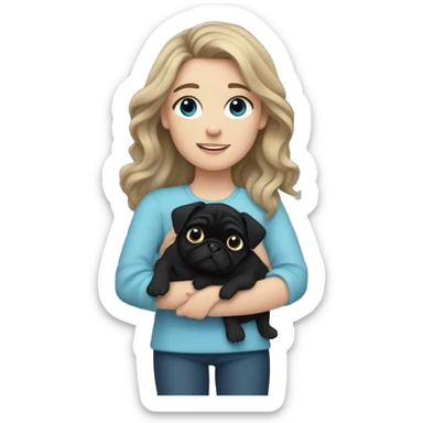 Girl with wavy dark blonde hair and blue eyes holding a black pug sticker