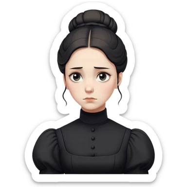 A Victorian woman with a simple coiffed white bun and light eyes wearing a simple monochrome black turtleneck mourning dress with puffed sleeves looking down with a forlorn, miserable expression sticker
