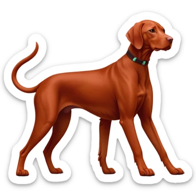 cinematic-[Vizsla-realistic-full-body-standing-emoji,-tail-resting-loosely-beside-its-paws,-head-tilted-dramatically, -sleek-[red]-fur,-simplified-yet-realistic-focused-features,-highly-detailed,-glowing-with-an-almost-sarcastic-glow sticker