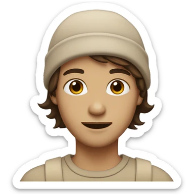 A person with medium-length brown hair, beige beanie, brown eyes, soft smile. sticker