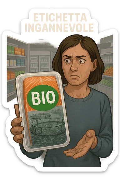 Scena in un supermercato moderno: uomo o donna tiene in mano una confezione di salmone etichettata 'BIO', con un grande bollino verde. Ma in trasparenza, dietro l’etichetta, si intravede un allevamento intensivo di salmoni in gabbie marine, acqua torbida e pesci ammassati. Espressione del cliente confusa e sospettosa. Sopra la testa, testo simbolico fluttuante: 'Etichetta ingannevole'. Colori contrastanti: confezione brillante ma realtà di fondo grigia e artificiale. Stile realistico con elementi simbolici forti sticker