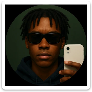 Create a close-up, circular profile picture of a young man with dark skin, wearing a dark blue hoodie, dreadlock dark hair, and dark sunglasses. He is holding a white smartphone in the bottom right corner as if taking a selfie. The background is a plain, dark green surface. The style should be realistic and suitable for a profile picture. sticker