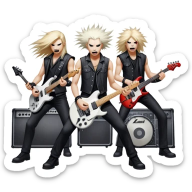 Icon for Heavy Metal Music: band on stage with electric guitars, drums and intense lighting. Musicians headbanging, surrounded by energy and stage effects, capturing the power and intensity of a metal concert. Transparent background. sticker