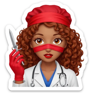 Lilith scalpel in hand, evil surgeon sexy surgeon clothes.  She has red eyes. She brown long curly hair. Wears sexy doctor outfit with red gloves.hair is free and brown  Wears red bandana to hide  her mouth and nose sticker