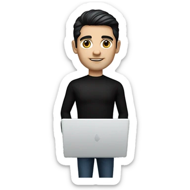 memoji of a confident male realtor with a laptop in front, apple-style, modern ,dark hair,black sweater,computer in hand,white skin, an avatar image gonna be round  sticker