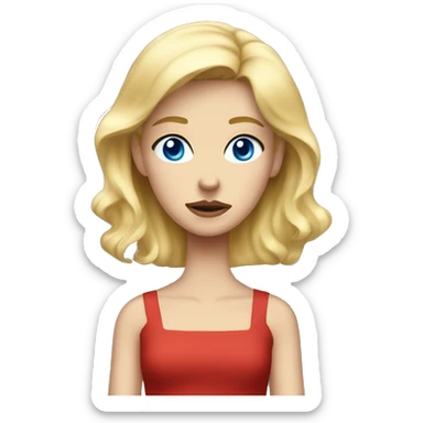 Blonde girl blue eyes wearing a blue dress in a sea of red frowning sticker
