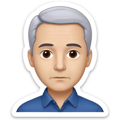 Puerto Rican actor René Monclova with light skin, round face, broad cheekbones. Lively dark brown eyes, thick straight eyebrows. Short silvery gray hair with receding hairline. Professional demeanor. Wearing a dark blue collared shirt. sticker