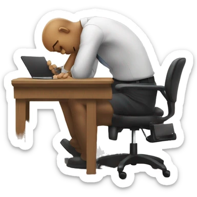 man sitting at a wooden work desk in office chair slumped and looking frustrated sticker