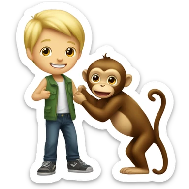 A blonde boy playing with a monkey sticker