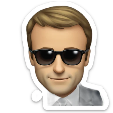 Emmanuel Macron wearing sunglasses, there is a big € on each eye of the glasses, cartoon money eyes sticker