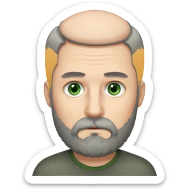 Greenish grey eyed adult man with tired look. Short dark grey hair, poor amount. He has a very long beard hanging. Pale skin. He's serious and looks tired. Make sure his hair and beard are both dark grey. sticker