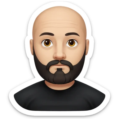 Oliver Riedel, bald, thick beard, reserved look, black clothing sticker