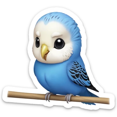 cinematic-cute-blue-budgie-portrait-emoji,-head-tilted-playfully-and-inquisitively,-featuring-a-brilliant-blue-feathered-fur-and white and black feathered face-with-a-natural-sheen,-round,-sparkling-dark-eyes-filled-with-curiosity,-simplified-yet-irresistibly-adorable sticker