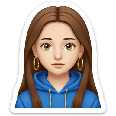 teen girl, white skin, long brown hair middle parted, brown eyes, blue hoodie eyelashes and gold earrings sticker