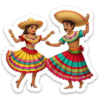 Cinematic Realistic scene of two performers dancing the Jarabe Tapatío, dressed in colorful traditional Mexican costumes with intricate embroidery, captured in energetic, festive motion with vibrant, celebratory lighting sticker