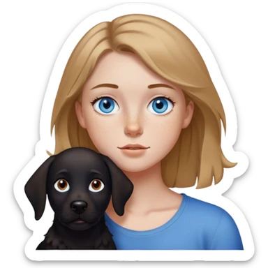 Uma menina de olhos azuis cabelo loiro escuro com sardas no rosto com uma cachorra preta sticker