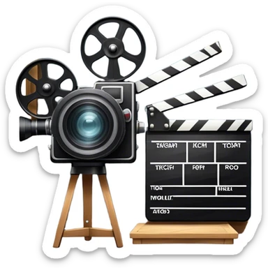 Icon for Acting in Theater and Film: a stage with a spotlight, a film camera, a clapperboard and a dramatic mask. The design should represent both theatrical performance and cinematic art. Transparent background. sticker