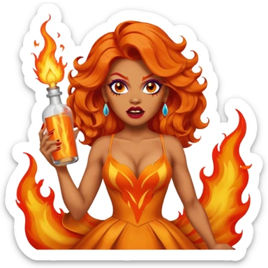 A fierce drag queen emoji with bright orange wavy hair styled with a bottle on top, dramatic makeup, expressive angry face, and an orange flame-themed dress. sticker
