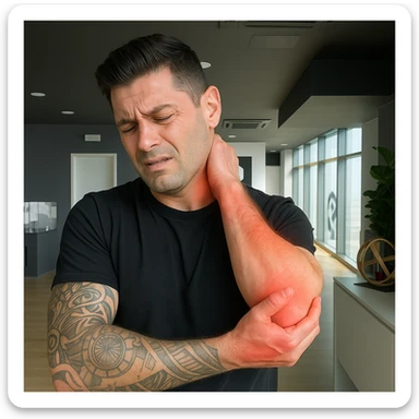 Create a realistic man inspired by the provided photo, with a suffering expression and visible signs of joint and cervical pain. Highlight the joints and cervical area with slight redness or inflammation marks. The style should be realistic with a clear and informative atmosphere. sticker