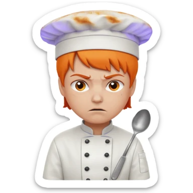 Short orange hair, angry, wearing chef uniform and chef hat sticker