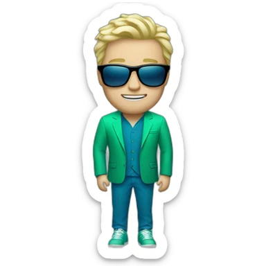 white guy in gradient green blue suit with blonde hair and black sunglasses standing with adidas shoes sticker