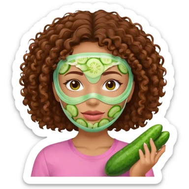 lightskin girl with green skincare facemask and cucumbers and brown curly hair and a pink shirt  sticker