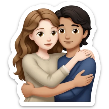 girl with long light brown hair and pale skin hugging a boy with short black wavy hair and tanned skin sticker