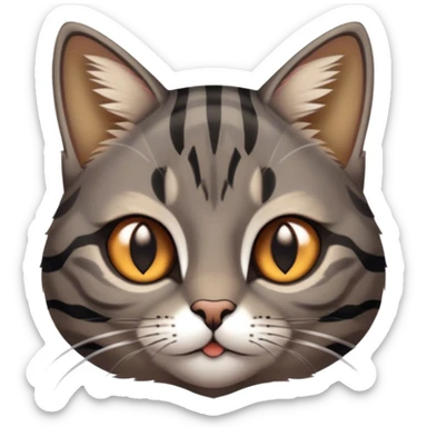 Cinematic Cute Grey and Black Brown Tabby Cat Portrait Emoji, Head tilted playfully and inquisitively, sleek grey-brown fur with bold black tabby stripes and a distinctive M-shaped marking on the forehead, sparkling amber eyes, Simplified yet irresistibly adorable features, highly detailed, glowing with a warm, friendly glow, high shine, affectionate and curious, stylized with a touch of whimsy, bright and endearing, soft glowing outline, capturing the essence of a mischievous yet loving kitten, so playful it feels like it could pounce out of the screen and into your arms! sticker