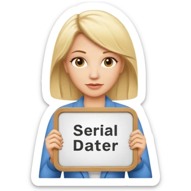 blonde middle aged woman with sign that says “Serial Dater” sticker