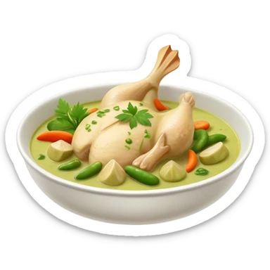 Cinematic Realistic Green Chicken Curry Dish Emoji, depicted with tender chicken simmered in a fragrant green curry sauce with vegetables rendered with rich textures and dynamic, vibrant lighting. sticker