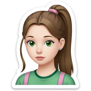 create an emoji of a young woman. She has a nice look, with long brown hair in a single ponytail with a hair tie, dark green eyes, pale skin, natural soft pink lips. she wears a green y2k top sticker