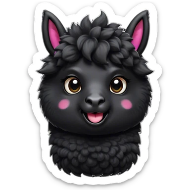 Cinematic Comical Black Alpaca Portrait Emoji, Head tilted dramatically with an exaggeratedly amused expression, featuring a striking jet-black fleece with playful texture, wide, expressive dark eyes filled with playful disbelief, Simplified yet hilariously expressive features, highly detailed, glowing with a slightly sassy glow, high shine, dramatic yet playful, stylized with an air of cheeky mischief, bright and endearing, soft glowing outline, capturing the essence of a spirited and over-the-top alpaca, so meme-worthy it feels like it could side-eye its way into internet fame instantly! sticker
