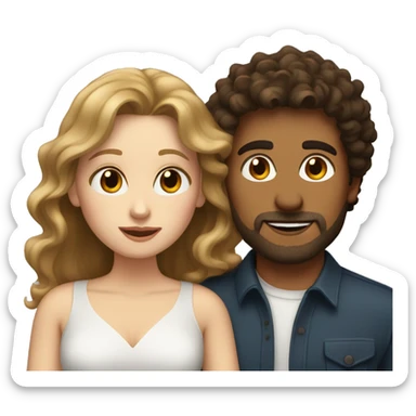 White woman with long dark brown curly hair kissing white man with light brown hair and stubble sticker